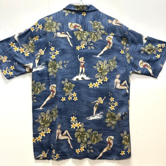 Campa Moda VTG 80s-90s Rayon Hawaiian Shirt Pinup Girls Blue Floral Korea L - Picture 6 of 7